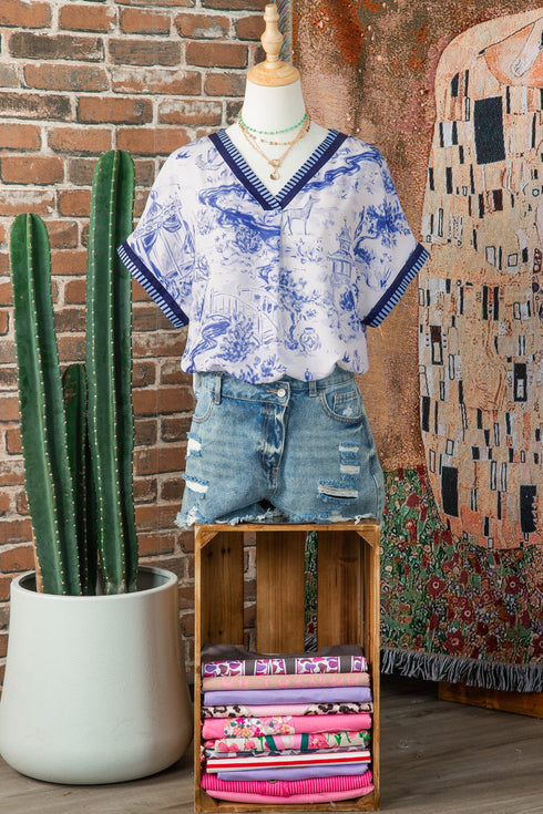 Wild Animal Print Striped Trim Short Sleeve V Neck Blouse