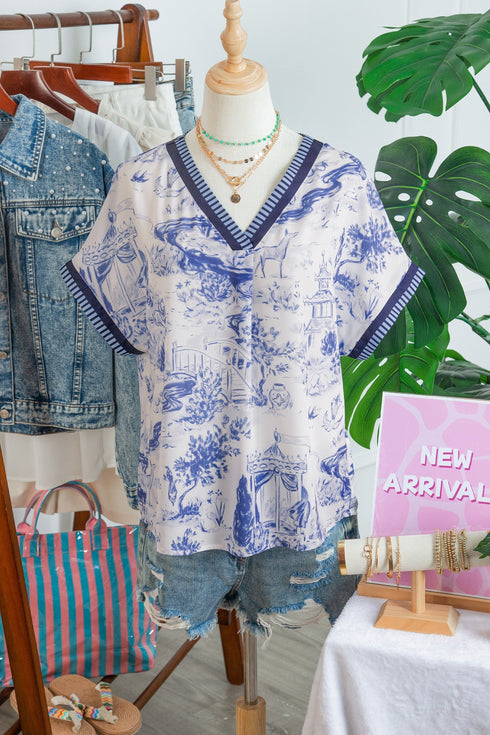 Wild Animal Print Striped Trim Short Sleeve V Neck Blouse