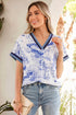 Wild Animal Print Striped Trim Short Sleeve V Neck Blouse