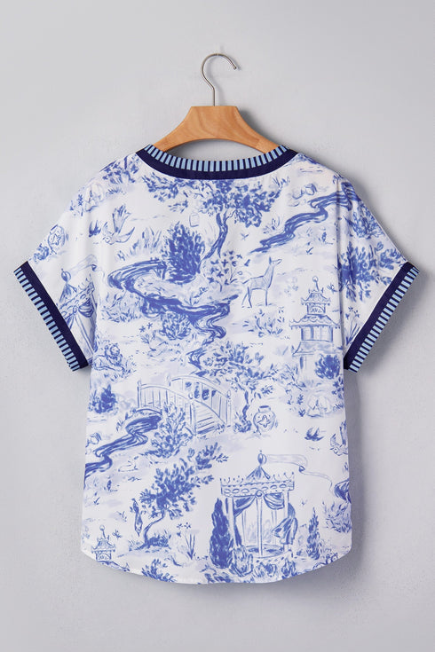 Wild Animal Print Striped Trim Short Sleeve V Neck Blouse