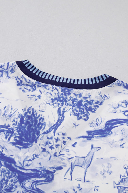 Wild Animal Print Striped Trim Short Sleeve V Neck Blouse