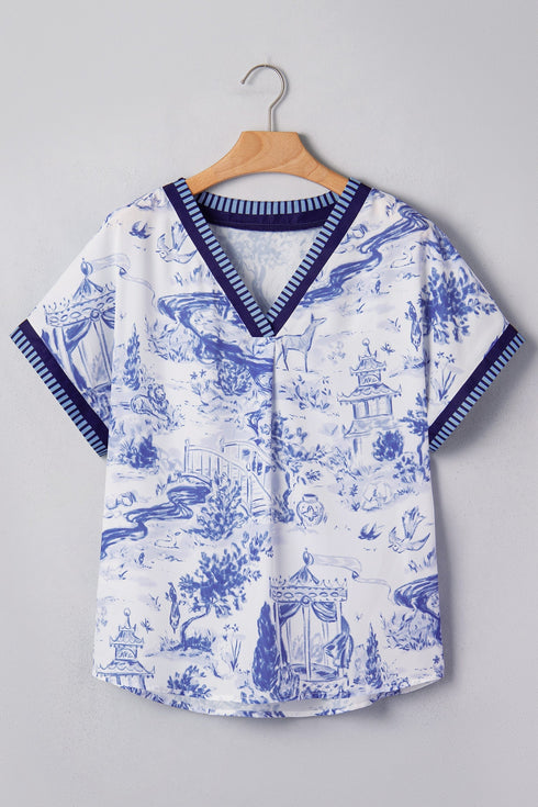 Wild Animal Print Striped Trim Short Sleeve V Neck Blouse