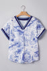 Wild Animal Print Striped Trim Short Sleeve V Neck Blouse