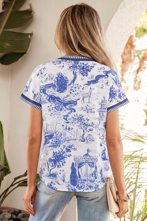 Wild Animal Print Striped Trim Short Sleeve V Neck Blouse
