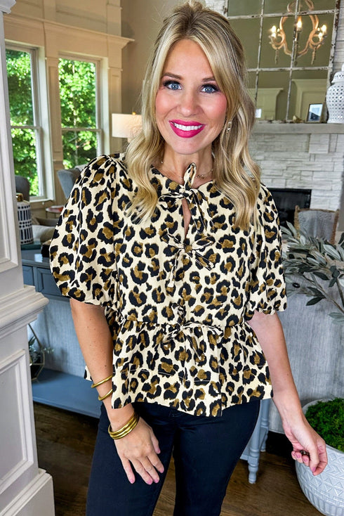 Wild Animal Print Tie Front Bubble Sleeve Peplum Blouse