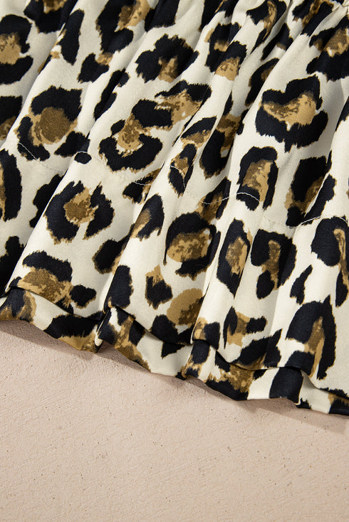 Wild Animal Print Tie Front Bubble Sleeve Peplum Blouse