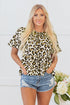 Wild Animal Print Tie Front Bubble Sleeve Peplum Blouse