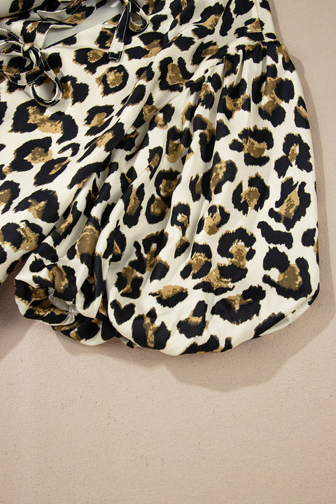 Wild Animal Print Tie Front Bubble Sleeve Peplum Blouse