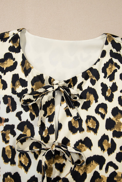 Wild Animal Print Tie Front Bubble Sleeve Peplum Blouse
