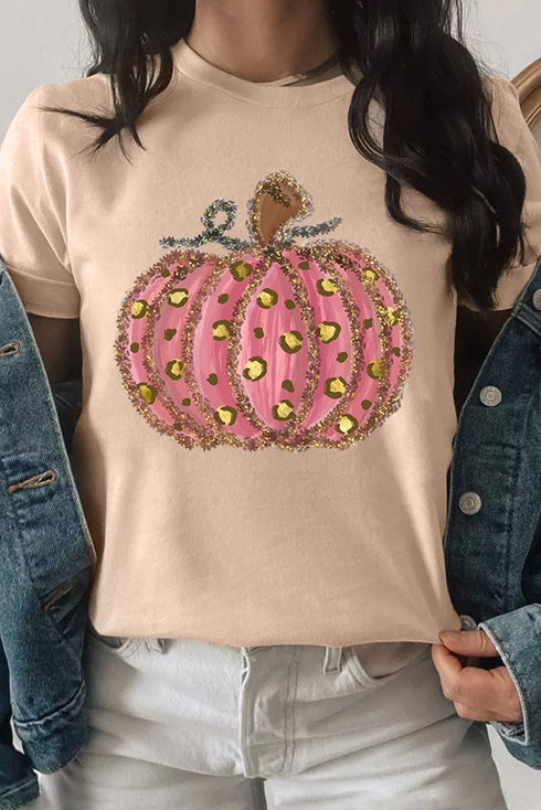 Wild Autumn Cheetah Pumpkin Print Round Neck T-Shirt