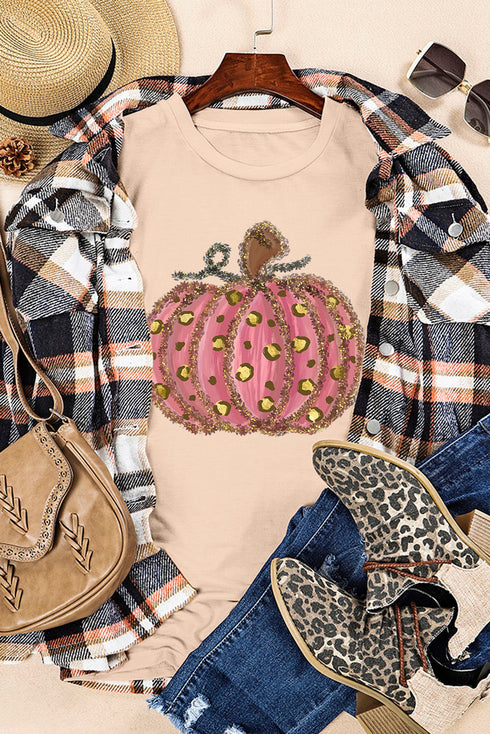 Wild Autumn Cheetah Pumpkin Print Round Neck T-Shirt