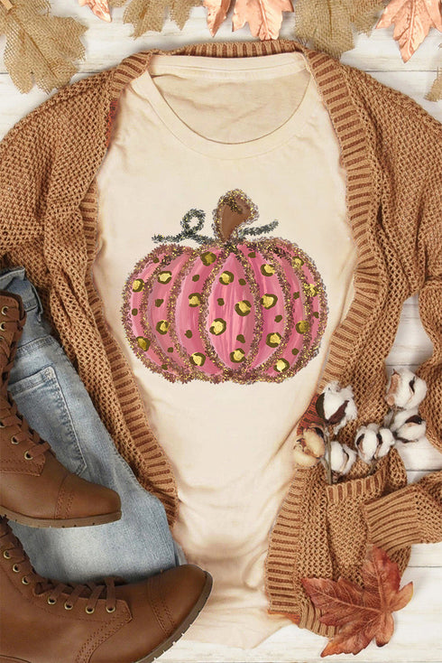 Wild Autumn Cheetah Pumpkin Print Round Neck T-Shirt
