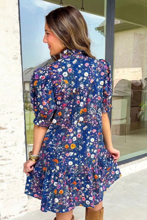 Wild Daisy Split Neck Puff Sleeve Mini Floral Dress