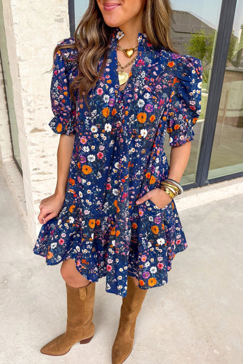 Wild Daisy Split Neck Puff Sleeve Mini Floral Dress