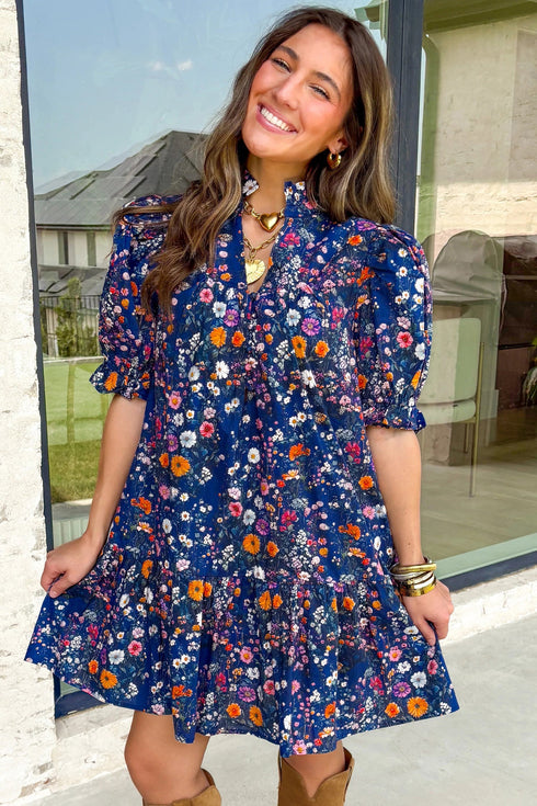 Wild Daisy Split Neck Puff Sleeve Mini Floral Dress