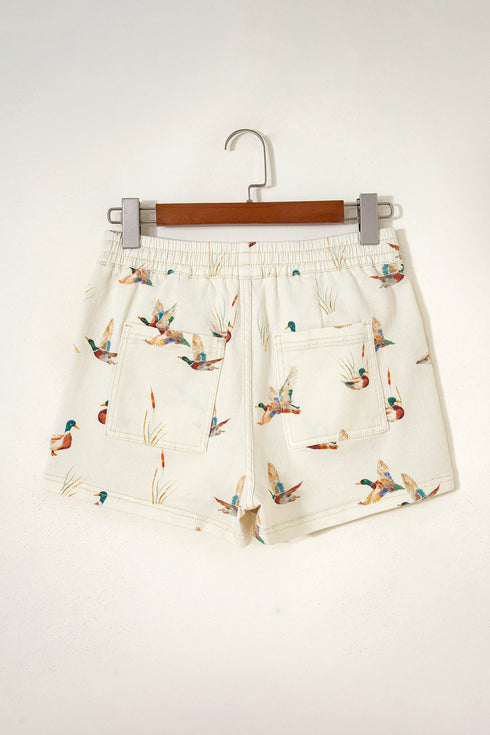 Wild Duck Mallard Print Drawstring Stretch Denim Shorts