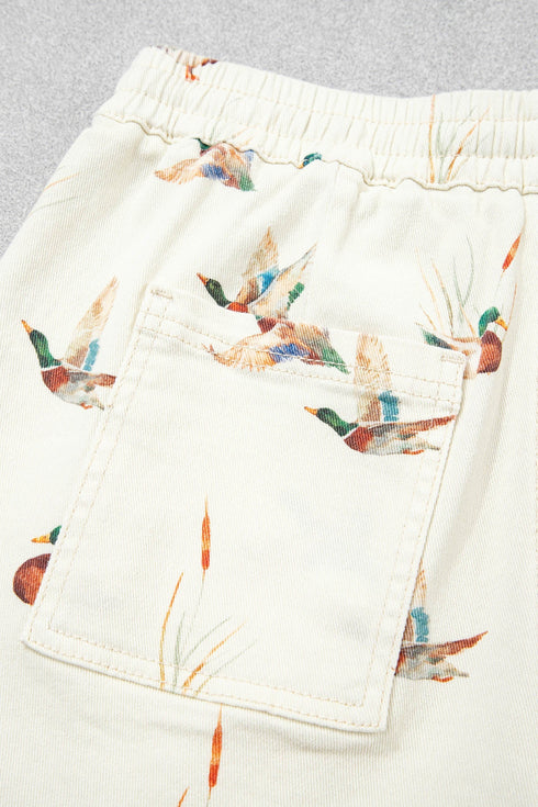 Wild Duck Mallard Print Drawstring Stretch Denim Shorts