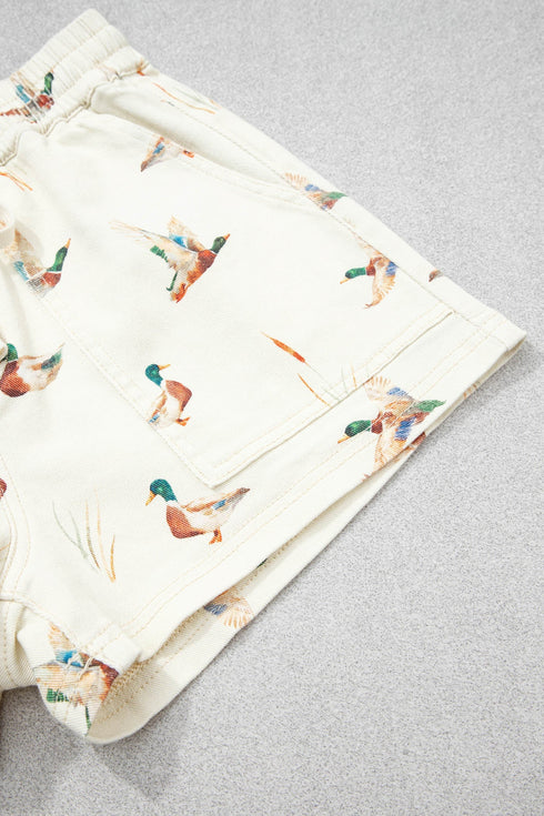 Wild Duck Mallard Print Drawstring Stretch Denim Shorts