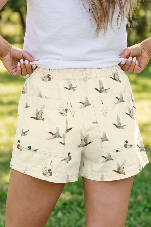 Wild Duck Mallard Print Drawstring Stretch Denim Shorts