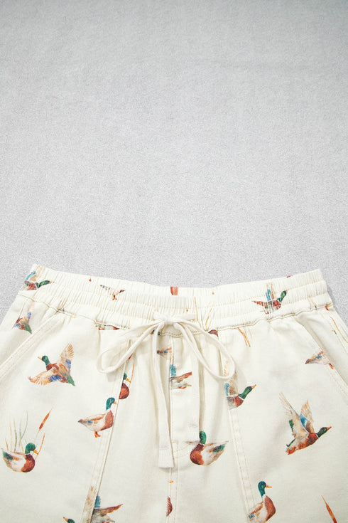 Wild Duck Mallard Print Drawstring Stretch Denim Shorts