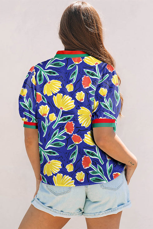 Wild Floral Striped Patchwork V Neck Short Sleeve Blouse