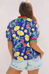 Wild Floral Striped Patchwork V Neck Short Sleeve Blouse