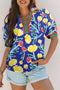 Wild Floral Striped Patchwork V Neck Short Sleeve Blouse