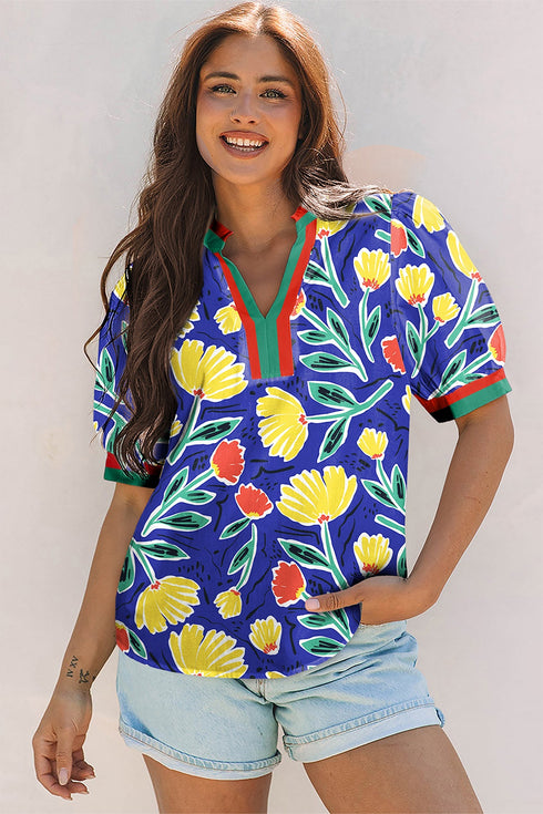 Wild Floral Striped Patchwork V Neck Short Sleeve Blouse