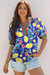 Wild Floral Striped Patchwork V Neck Short Sleeve Blouse