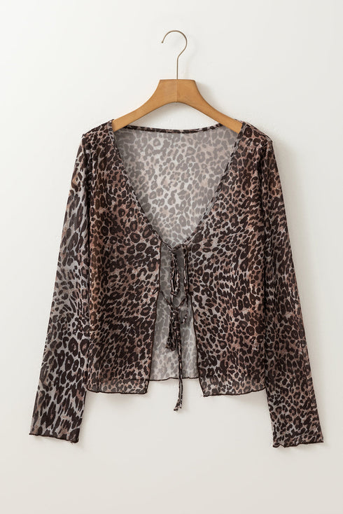 Wild Heart Sheer Leopard Mesh Lace Up Long Sleeve Blouse
