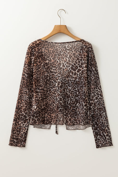 Wild Heart Sheer Leopard Mesh Lace Up Long Sleeve Blouse