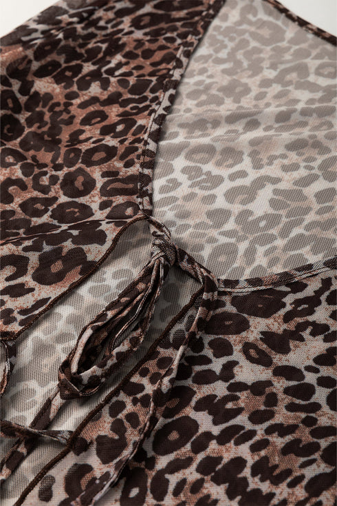 Wild Heart Sheer Leopard Mesh Lace Up Long Sleeve Blouse