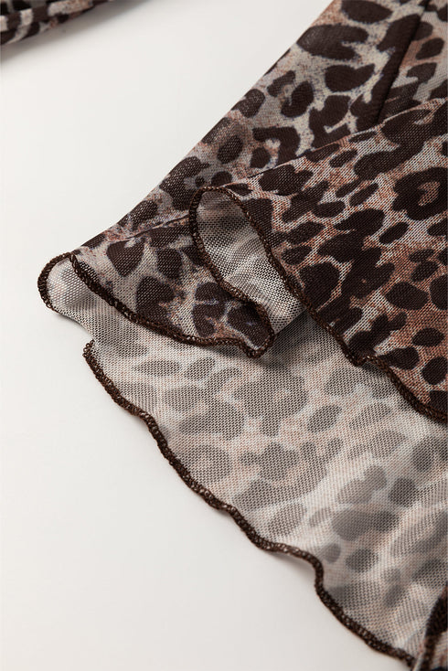 Wild Heart Sheer Leopard Mesh Lace Up Long Sleeve Blouse