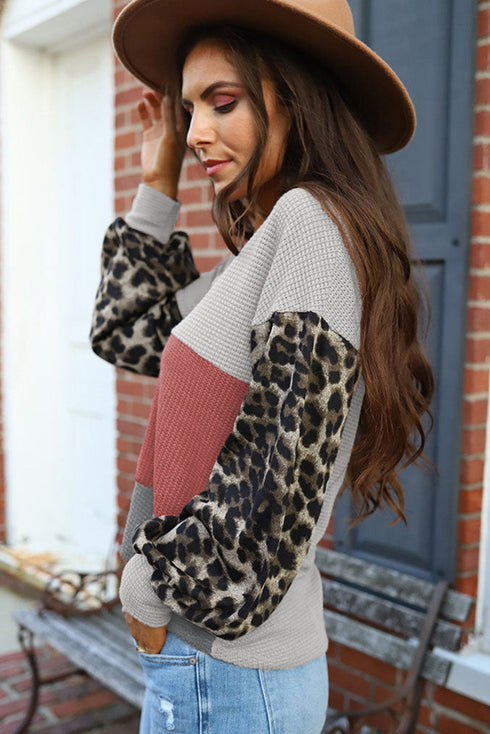 Wild Leopard Contrast Sleeve Colorblock Waffle Knit Top