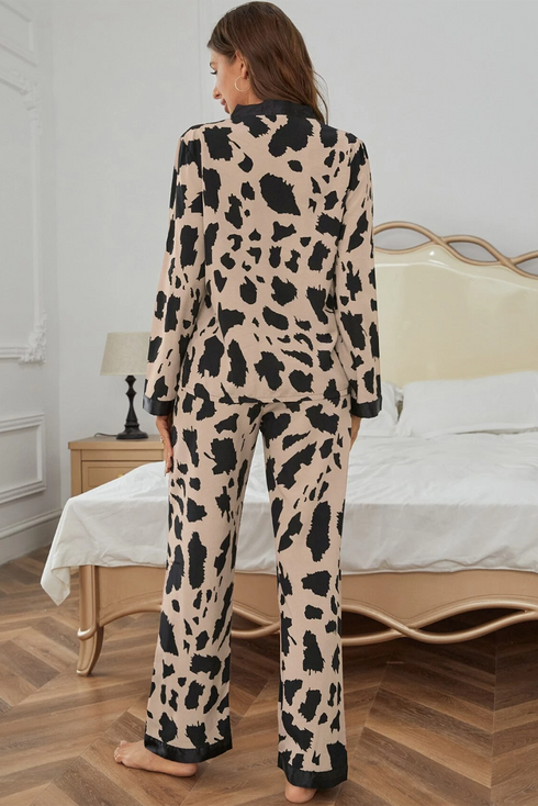 Wild Pattern Contrast Trim Button Down Sleepwear Set