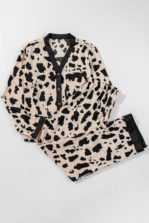 Wild Pattern Contrast Trim Button Down Sleepwear Set