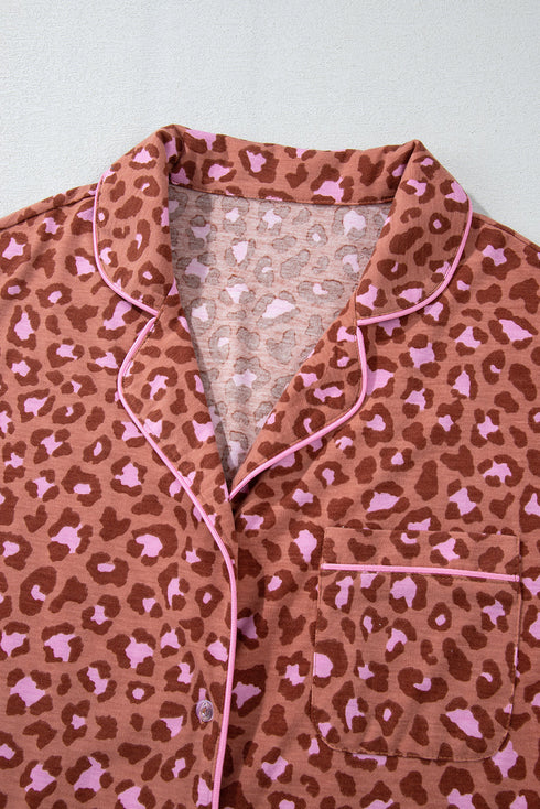 Wild Print Short Sleeve Button Down Wide Leg Pajama Set