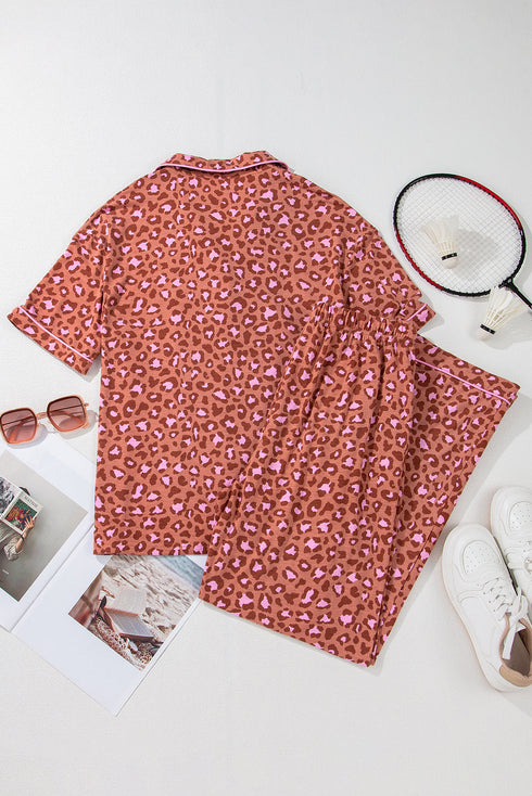 Wild Print Short Sleeve Button Down Wide Leg Pajama Set