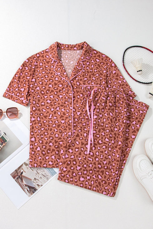 Wild Print Short Sleeve Button Down Wide Leg Pajama Set