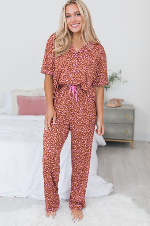Wild Print Short Sleeve Button Down Wide Leg Pajama Set
