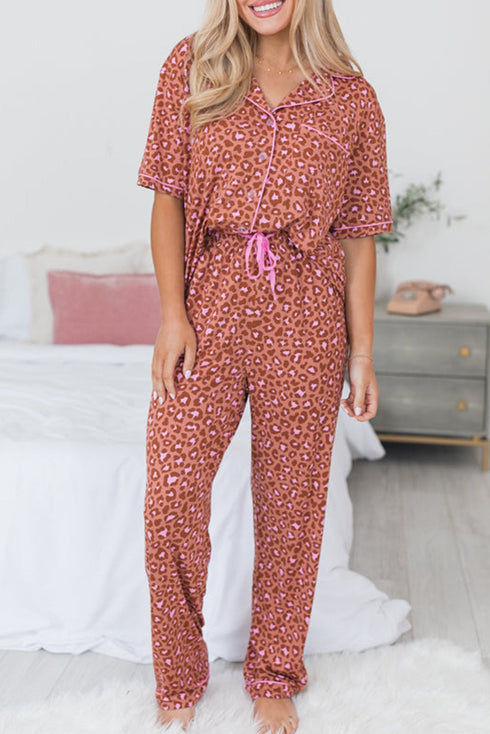 Wild Print Short Sleeve Button Down Wide Leg Pajama Set