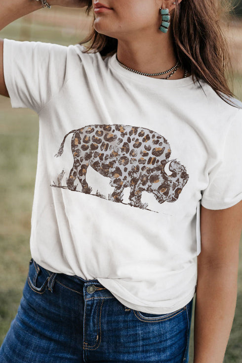 Wild Spirit Leopard Print Buffalo Graphic Crewneck Tee Shirt