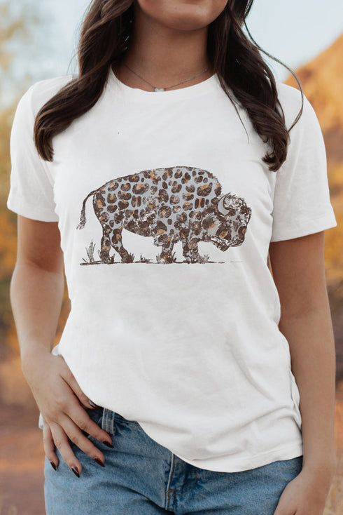 Wild Spirit Leopard Print Buffalo Graphic Crewneck Tee Shirt