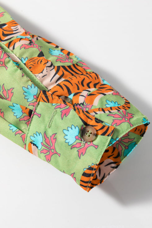 Wild Tiger And Floral Print Notched Lapel Blouse