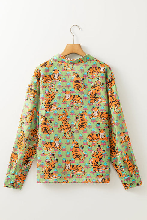 Wild Tiger And Floral Print Notched Lapel Blouse
