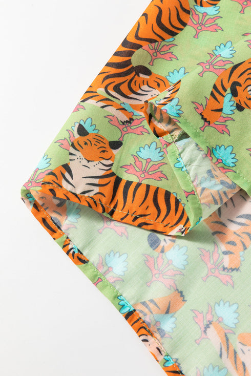Wild Tiger And Floral Print Notched Lapel Blouse