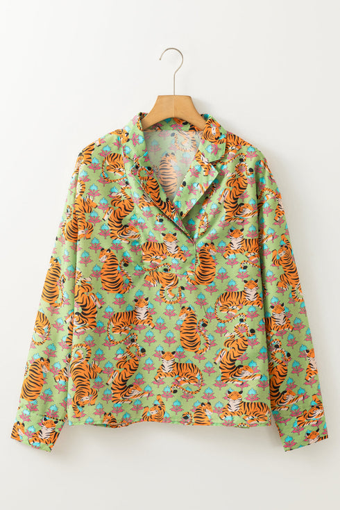 Wild Tiger And Floral Print Notched Lapel Blouse