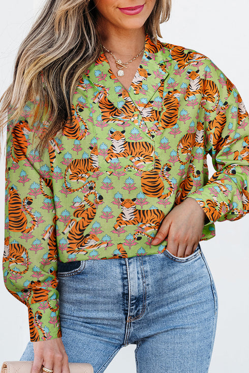Wild Tiger And Floral Print Notched Lapel Blouse