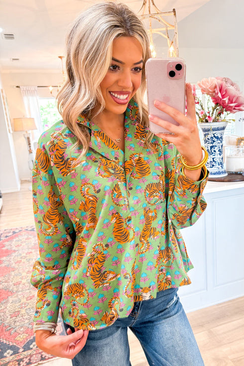 Wild Tiger And Floral Print Notched Lapel Blouse