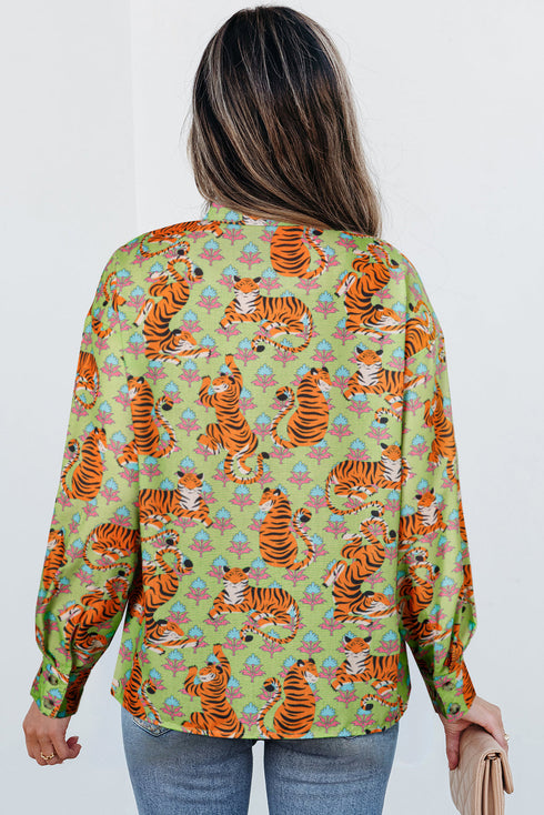 Wild Tiger And Floral Print Notched Lapel Blouse